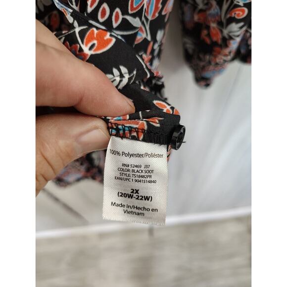Terra Sky Dark Floral Vneck Tie Front Blouse Plus Size 2x 20w/22w Button Up Boho - Picture 6 of 9